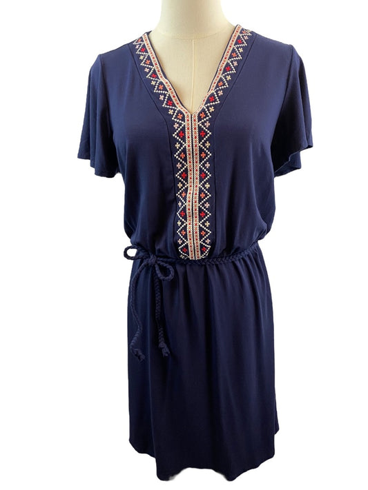 Small Tall Old Navy Navy Blue Knit Embroidered V-Neck Boho Dress