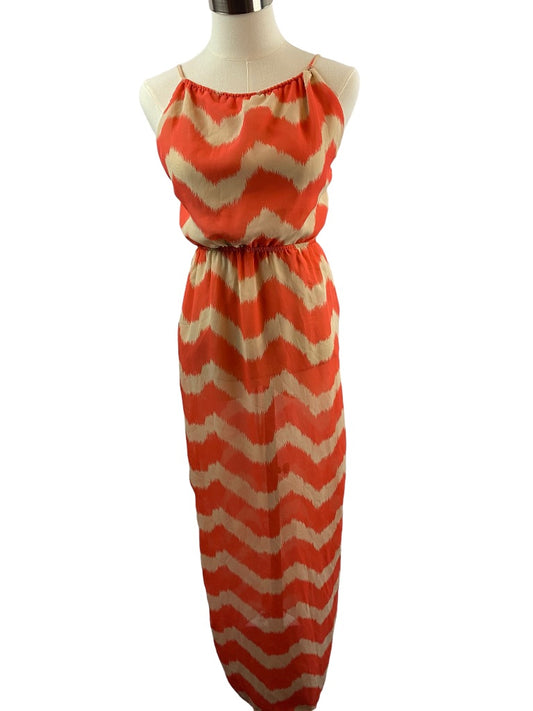 Small Poetry Sleeveless Chevron Maxi Dress Lined Coral Beige