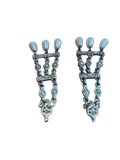 Chanedelier Teardrop Faux Pearl Silvertone Ornate Pierced Earrings