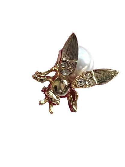 Faux Pearl Gold Tone Fly Insect Brooch Pin Spring Wings Rhinestone