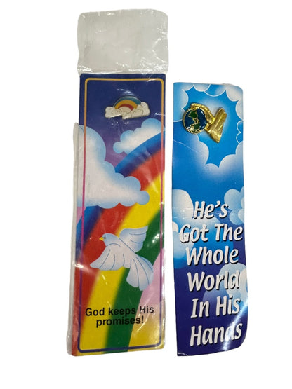 Set of 2 Religious Lapel Pins on Bookmarks Rainbow Hands God