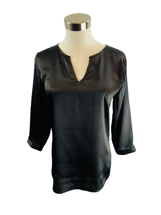 XS The Limited Womens Black Satin 3/4 Sleeve Pullover Split Neck Blouse