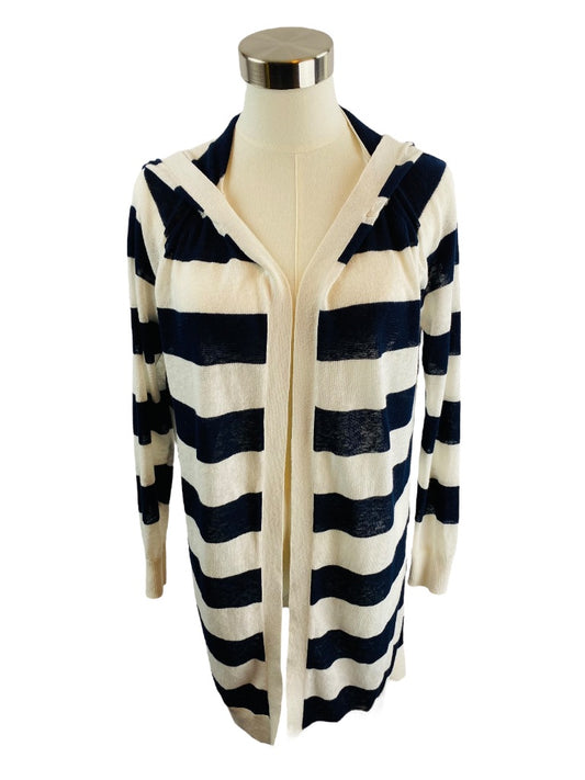 XS LOFT Womens Navy Blue White Striped Linen Blend Sweater Hooded Lightweight