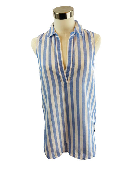 XXS J.Crew Womens Blue White Stripe Sleeveless Linen Blend Pullover Tunic Blouse