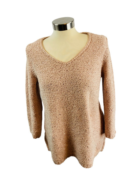 Medium Petite Chico's Women's Pink Chenille V-Neck Pullover Sweater Sequin Detail