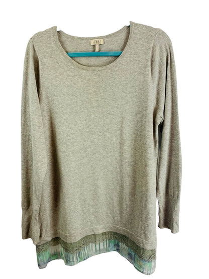 Large LOGO by Lori Goldstein Lightweight Gray Sweater Cashmere Blend Flounce Hem Lace Detail