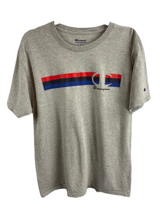 Large Champion Men's Gray Short Sleeve Tshirt Retro Stripe Logo