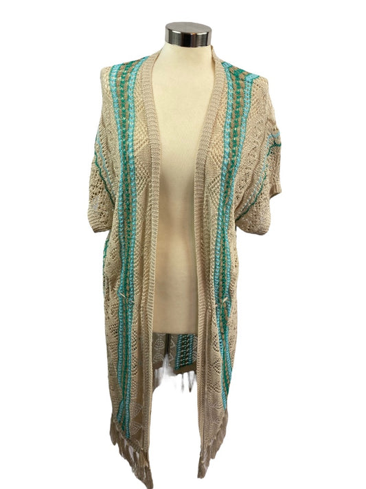 Small Chico's Women's Summer Linen Boho Fringed Loose Knit Cardigan Sweater