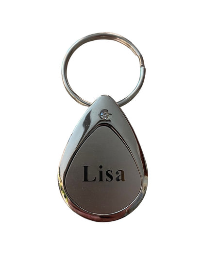 Silvertone Personalized Keychain Key Ring "Lisa" Droplet Shape 3"