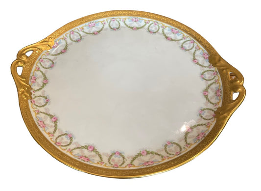 Redon Handled Cake Plate Rose Garland Wreath Pattern Vintage 11" Gold Verge