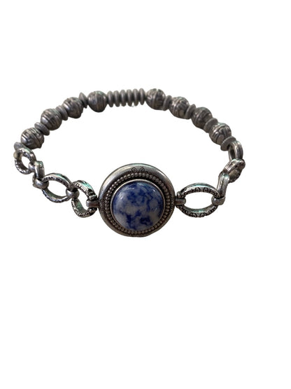 Magnabilities Silvertone Antiqued Stretch Bracelet Blue White Stone Inset Removable