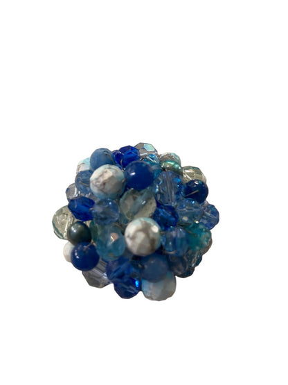 Mixed Blue Tones Beaded Cluster Brooch Statement 2.5" Diameter Pin