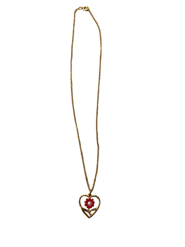 Goldtone Necklace Floral 1" Heart Pendant on 19" Chain Red White