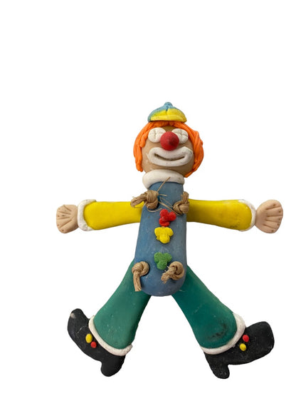 Handmade Clay Clown Articulated Magnet 5"  Blue Green Yellow with Cap