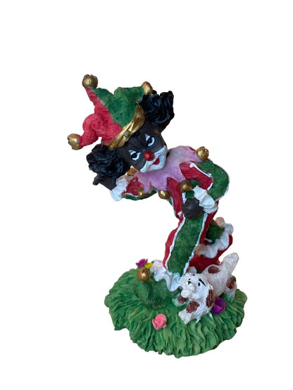 Resin Clown Figurine Green Red Brown Skin Jester Running Dog Grass 4.5"