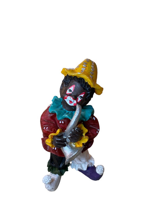 Resin Clown Figurine Brown Skin Playing Horn Musician 3.5"