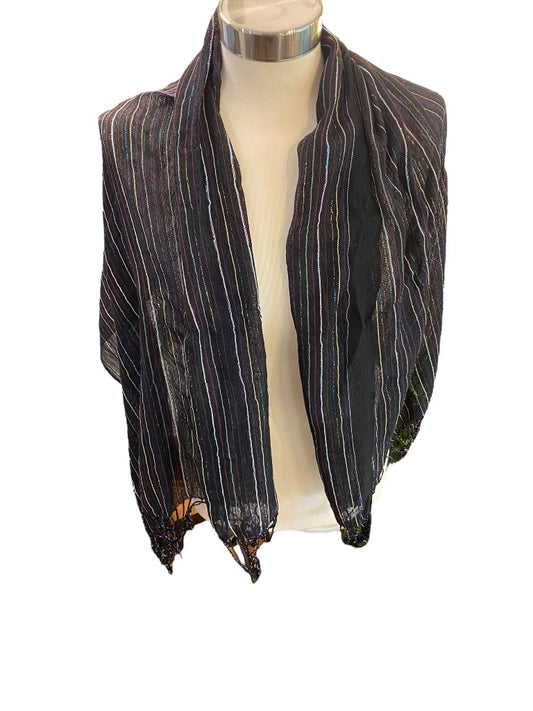 Black Lightweight Metallic Summer Scarf Fringed 58" x 24"