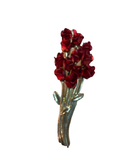 Signed DM Danbury Mint for Avon Brooch Red Goldtone Rose Bouquet 2.25" 1997