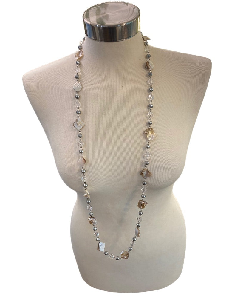 Long 44" Strand String Necklace Silvertone Shell Clear Faceted Acrylic Beads Linked