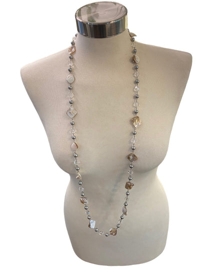 Long 44" Strand String Necklace Silvertone Shell Clear Faceted Acrylic Beads Linked