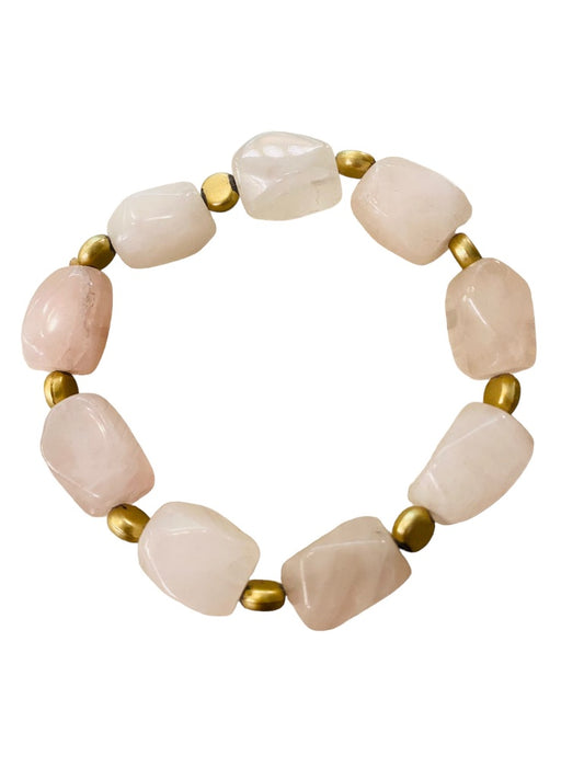 Beaded Stone and Goldtone Spacer Stretch Bracelet Blush Pink 2.5" Inside Diameter