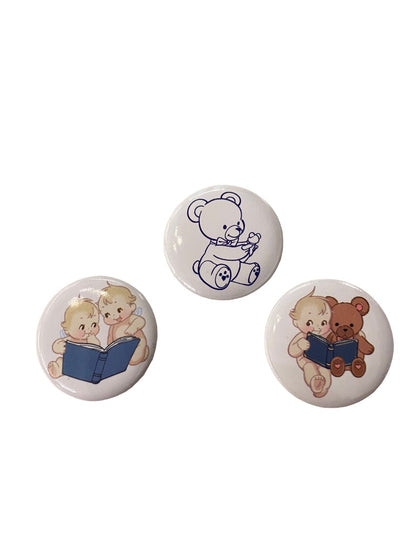 Set of 3 Vintage Pinback Buttons Small 1" Diameter Baby Reading Teddy Bear