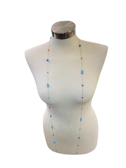 Long Strand Necklace Delicate Silvertone and Blue Acrylic Beads 60" Lobster Clasp Layered