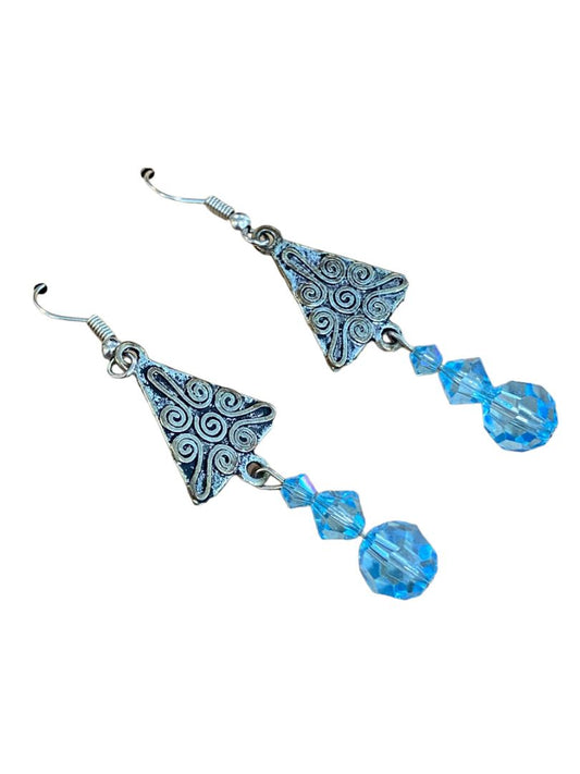 Whimsical Pewter like Blue Beaded Tree Dangle Pierced Earrings