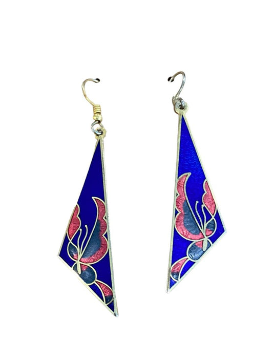 Vintage Cloisonne Multicolor Enamel Floral Geometric Dangle Pierced Earrings