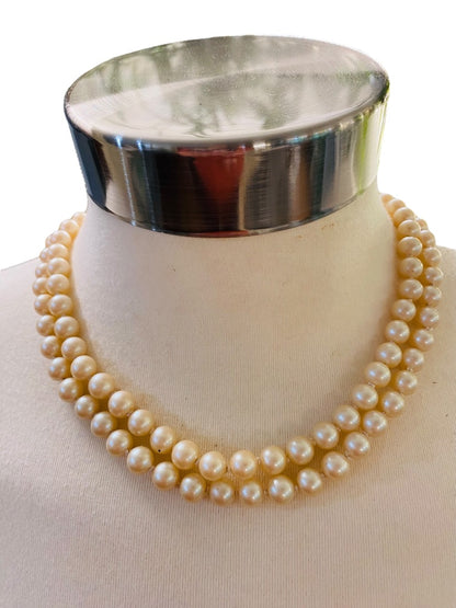 Double Strand Hand Knotted Vintage 7.7 mm Faux Pearl Dual Strand Necklace Daisy Clasp 16"