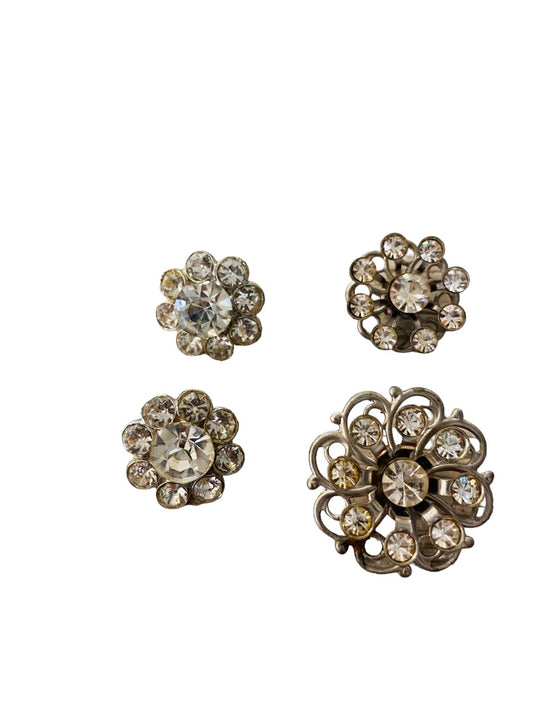 Vintage 1950s Set of 4 Buttons Silvertone Floral Rhinestones Craft Sewing