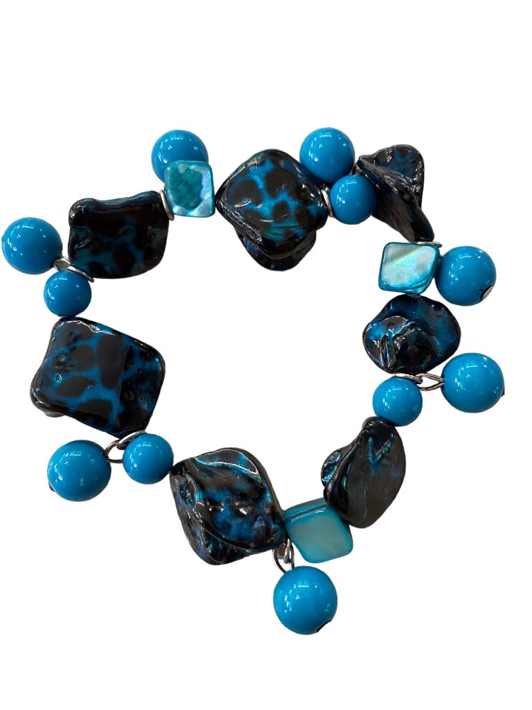 Beaded Stretch Bracelet Acrylic Funky Artsy Dangling Beads Teal Black