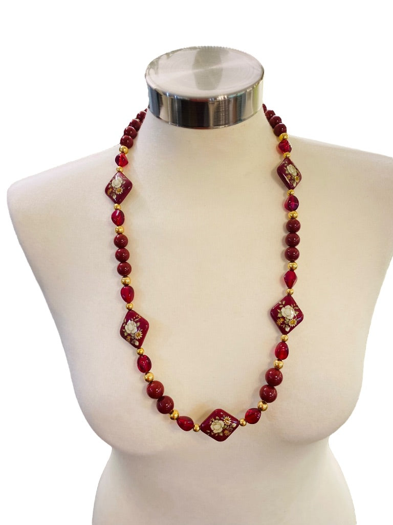 Red Burgundy Vintage 1980s Beaded Necklace Goldtone Floral Chunky 30" Spring Clasp