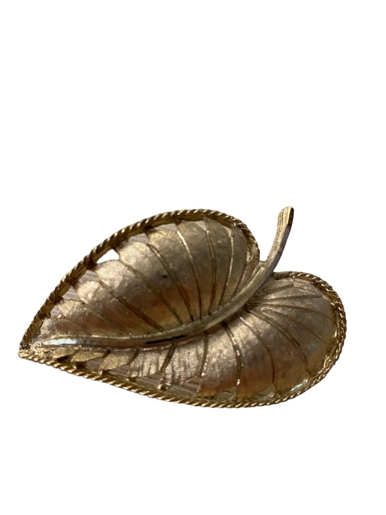 Signed BSK Goldtone Brooch Brushed Leaf Textured 2.1" Pin