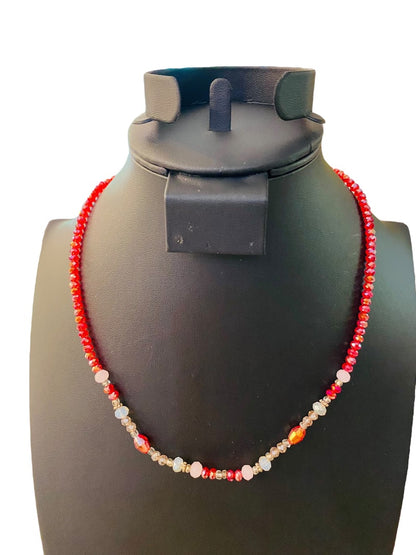 Red Crystal Beaded Necklace Clear Silvertone Necklace 18"