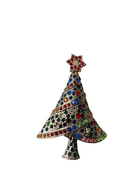 Vintage Holiday Brooch Silvertone Christmas Tree Multicolor Crystal 2.25"