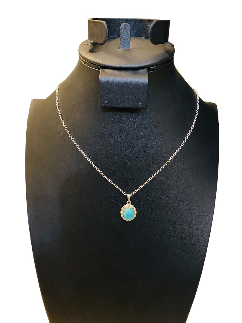 Silvertone Delicate 18" Chain Necklace with Faux Turquoise Pendant