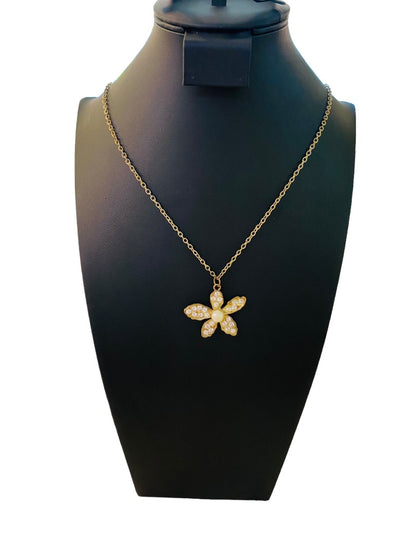 Goldtone 25" Necklace Overhead Chain Flower Pendant Faux Pearl Rhinestone