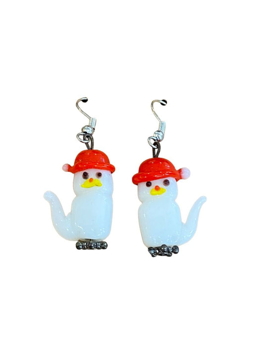 Glass Santa Cats Christmas Dangle Pierced Earrings