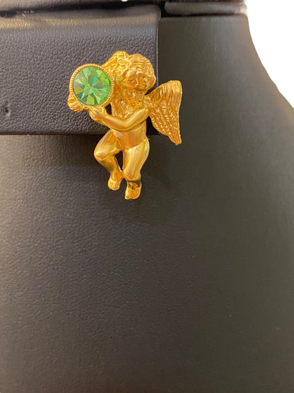 Vintage Avon Signed Guardian Angel Lapel Pin Peridot Cherub 1"