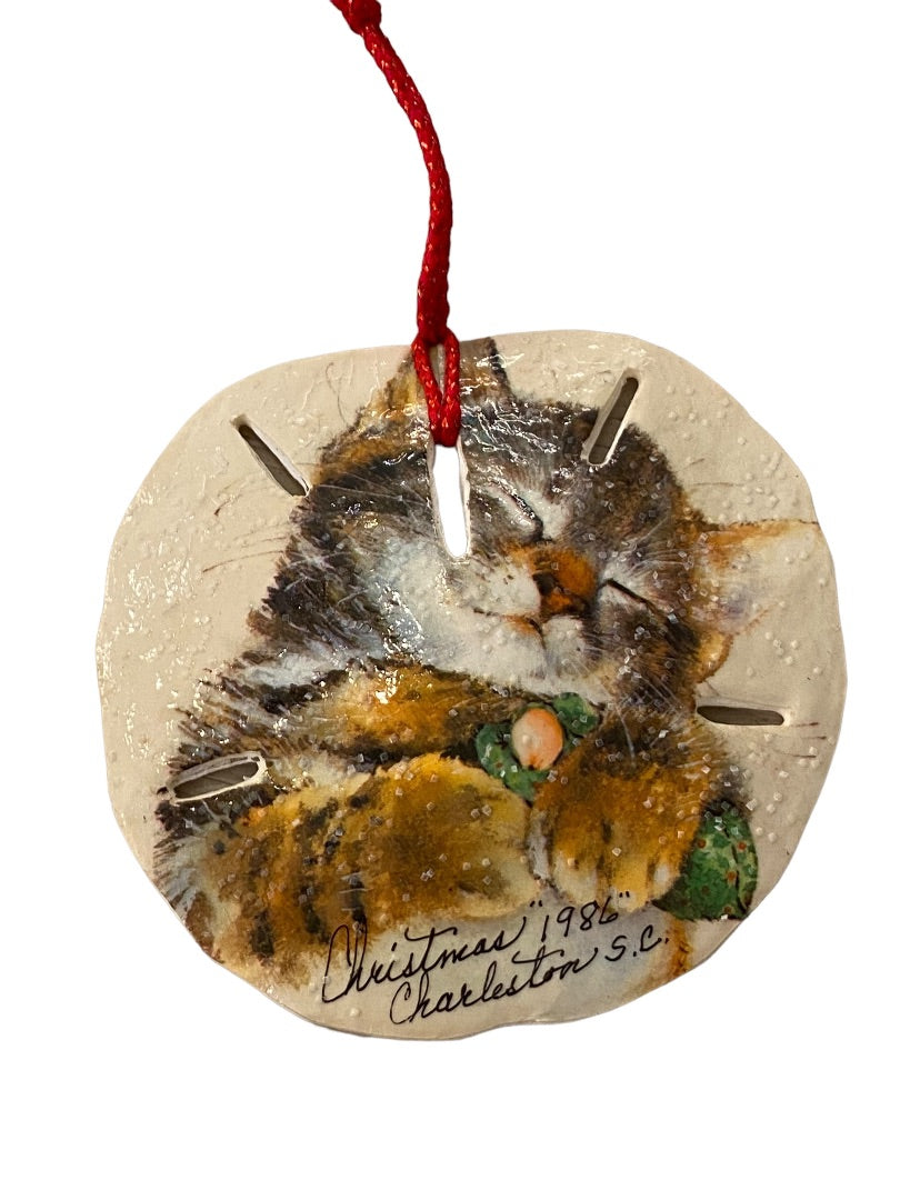 Christmas 1986 Charleston SC Sand Dollar Kitten Ornament Holiday