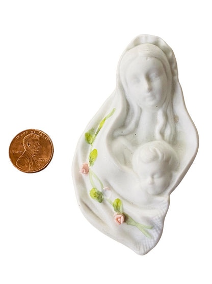 Madonna And Child By Autom White Bisque Porcelain Flowers Figurine Wall Hanging