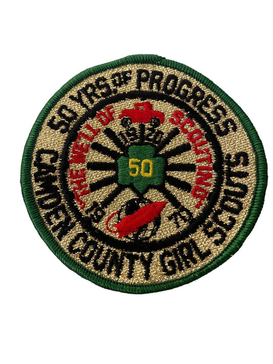 Girl Scout Patch Vintage 1970 Camden County 50 Years of Progress 3.7" Metallic