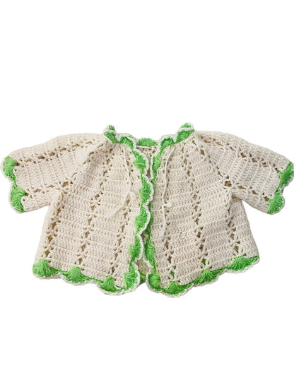 Vintage Hand Crocheted Baby Sweater Cream Green Trim Tie Closure Cardigan 12-24 Mos