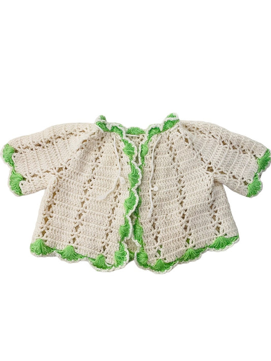 Vintage Hand Crocheted Baby Sweater Cream Green Trim Tie Closure Cardigan 12-24 Mos