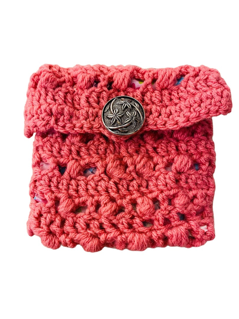 Handmade Crochet Pouch Pink Lined Floral Accessory Silvertone Button Closure 5.5"h x 5"w