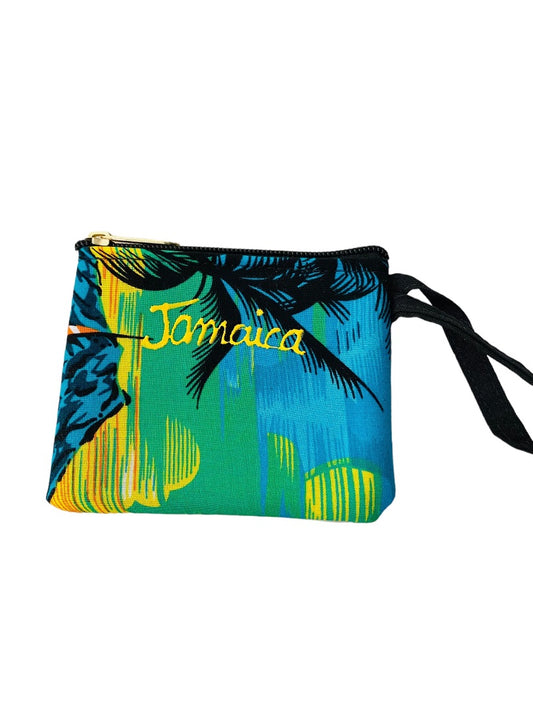 Jamaica Souvenir Small Tropical Print Fabric Wristlet Zip Top 4.75"w x 3.75"h