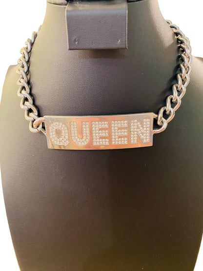 "QUEEN" Silvertone Embellished Chunky ID Style Choker Necklacce 16"