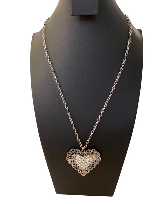 Silvertone Heart Medallion 27" Necklace Dramatic Filagree Look Pendant 2.25" Drop Lobster Clasp