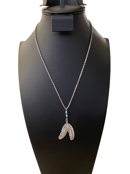 Silvertone Double Feather Necklace 19" Pendant Drop 2.5" Turquoise Color Bead